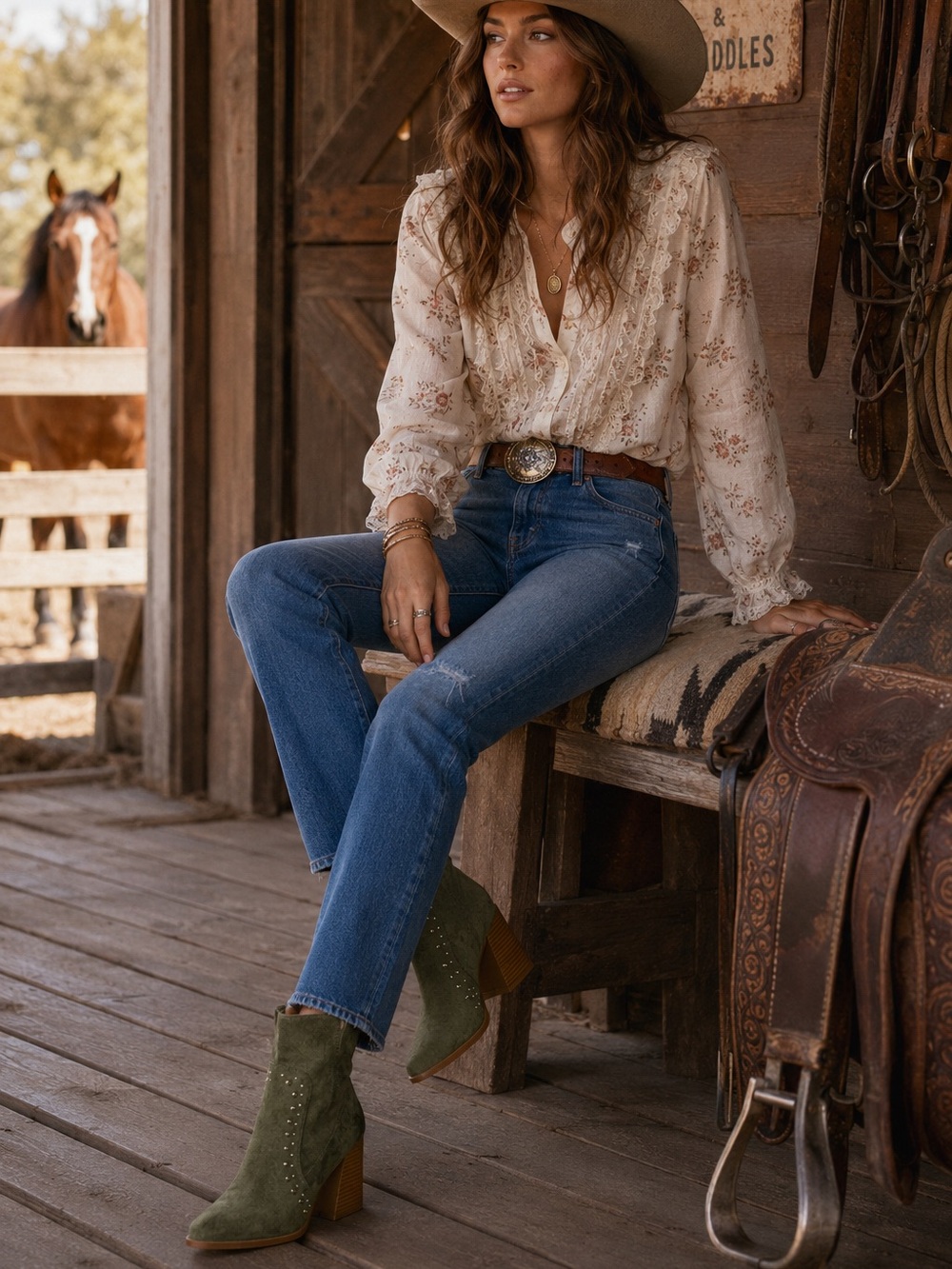 YOKI New Western Boots Hotstone Green Suede BLONDE Ankle‎ Embellishment Booties